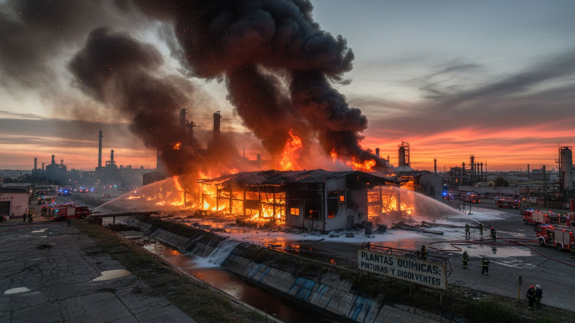 Bombero equipado con traje de protección y manguera combatiendo un gran incendio en una instalación industrial de líquidos inflamables