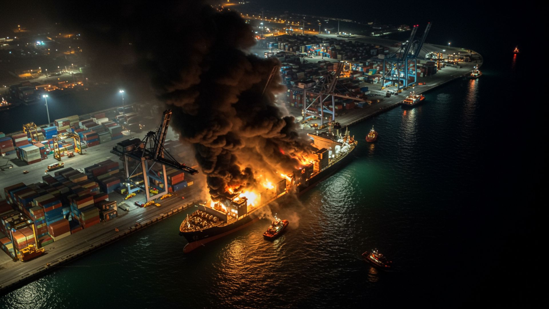Vista aérea nocturna de incendio en buque portacontenedores atracado en terminal con equipos de emergencia marítima respondiendo al siniestro