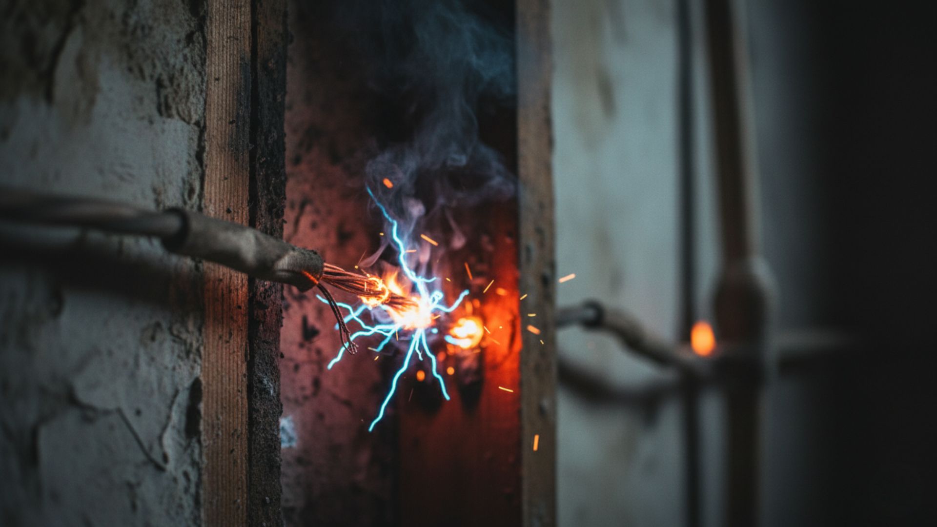 Arco eléctrico con chispas y descargas eléctricas azules emanando de conductores eléctricos dañados