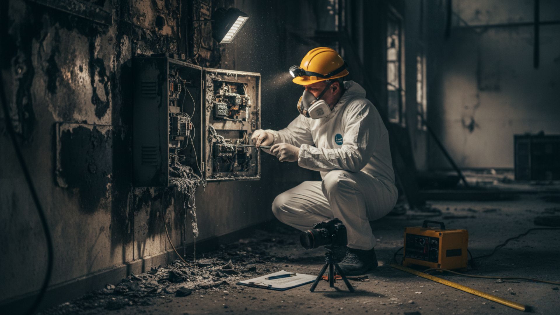 Investigador forense con equipo de protección examinando cuadro eléctrico carbonizado en escena de incendio para análisis de causas