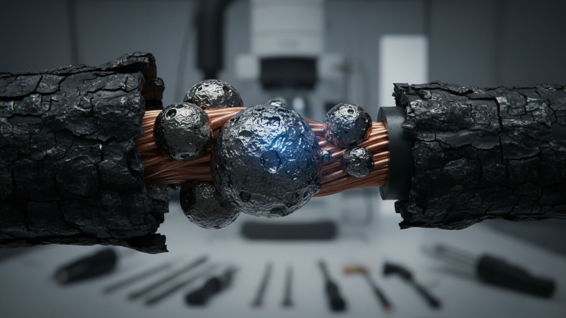 Cable eléctrico seccionado mostrando conductor de cobre con perlas de fusión metálicas como evidencia forense de incendio