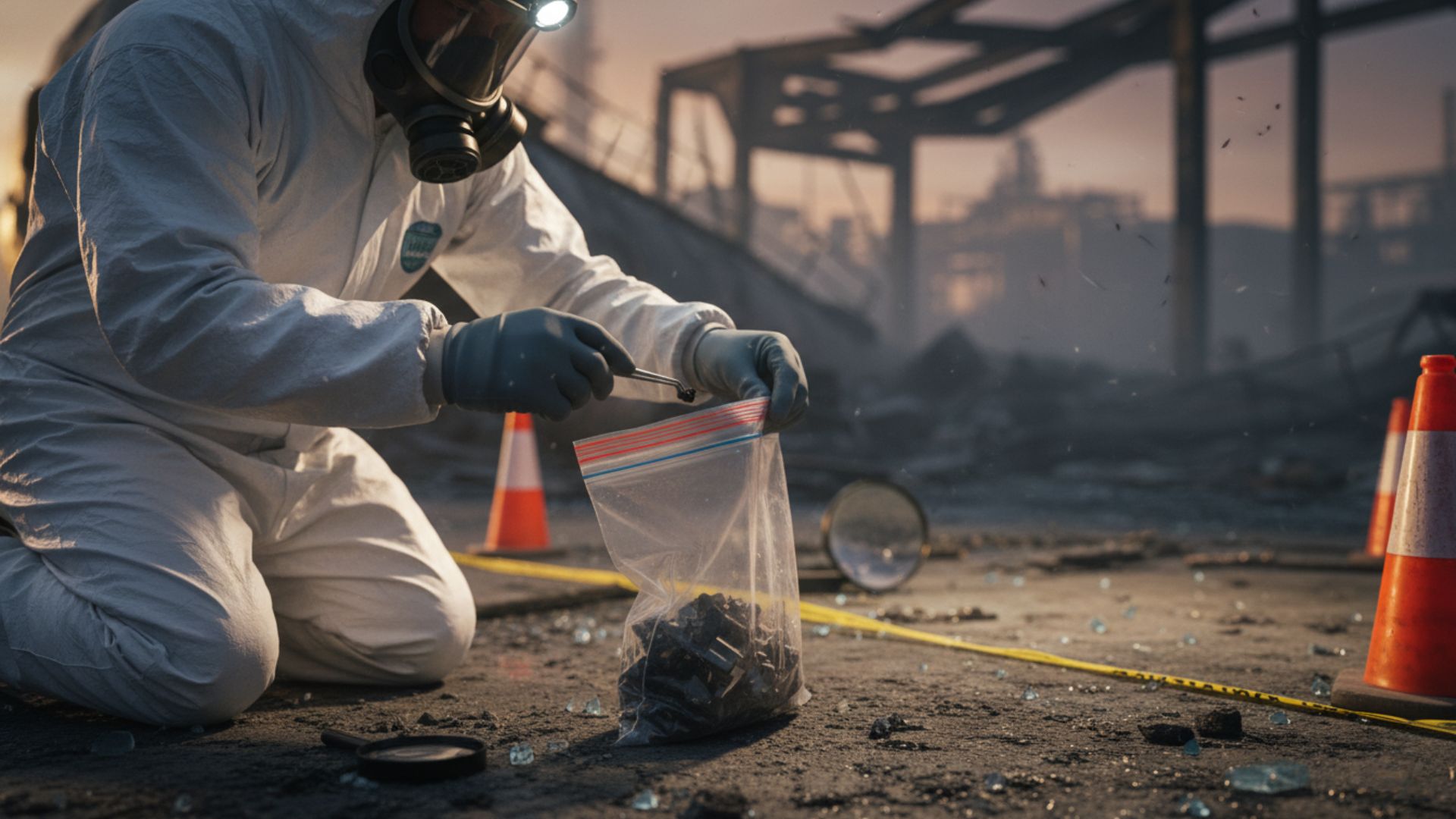 Primer plano de investigador forense con máscara de gas y traje hazmat recogiendo evidencias en bolsa de plástico en zona de incendio químico.
