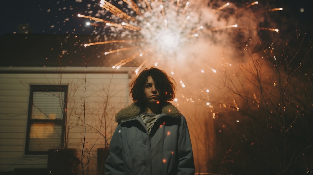 Explosión de fuegos artificiales peligrosamente cerca de vivienda con mujer mostrando desaprobación por riesgos de incendio