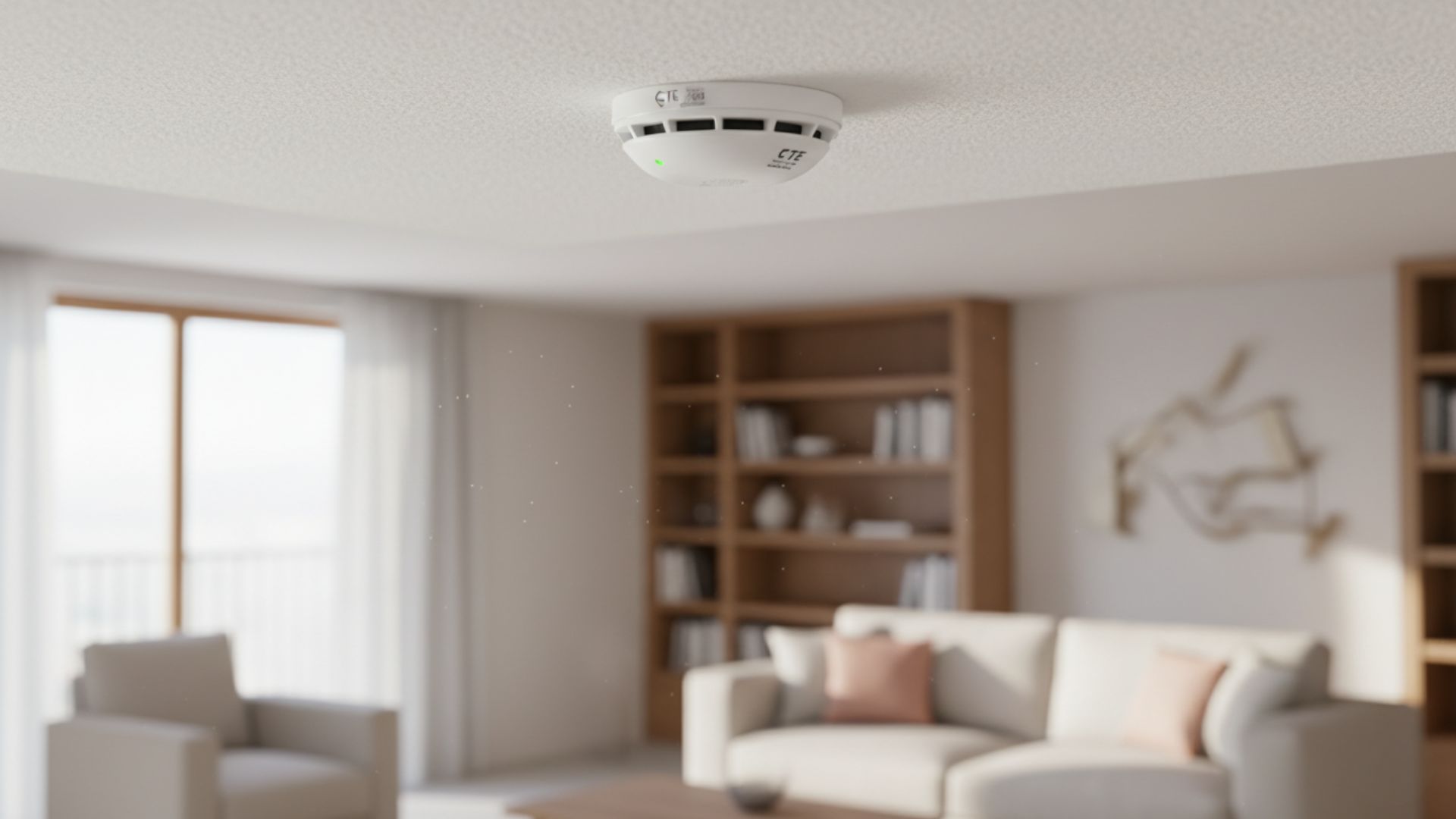 Detector de humo instalado en techo de salón doméstico moderno como medida de prevención de incendios