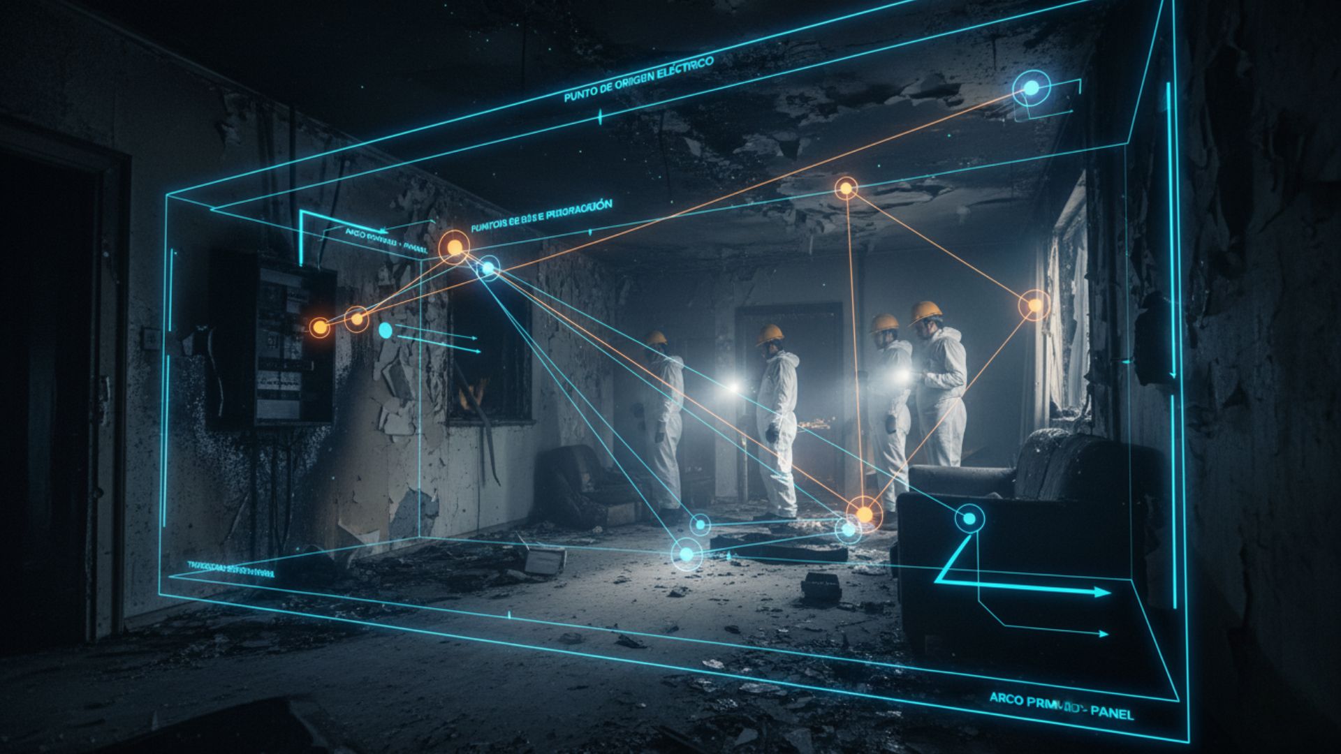 Investigadores forenses analizando escena de incendio con tecnología digital superpuesta mostrando puntos de origen eléctrico y patrones de propagación