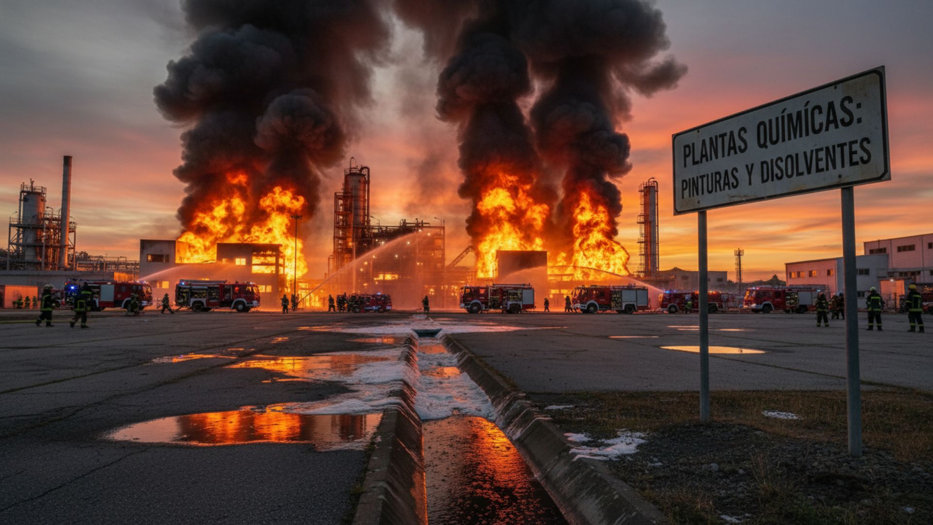 Vista aérea de una planta química industrial después de un incendio, revelando la extensión de la destrucción y los equipos de emergencia trabajando.
