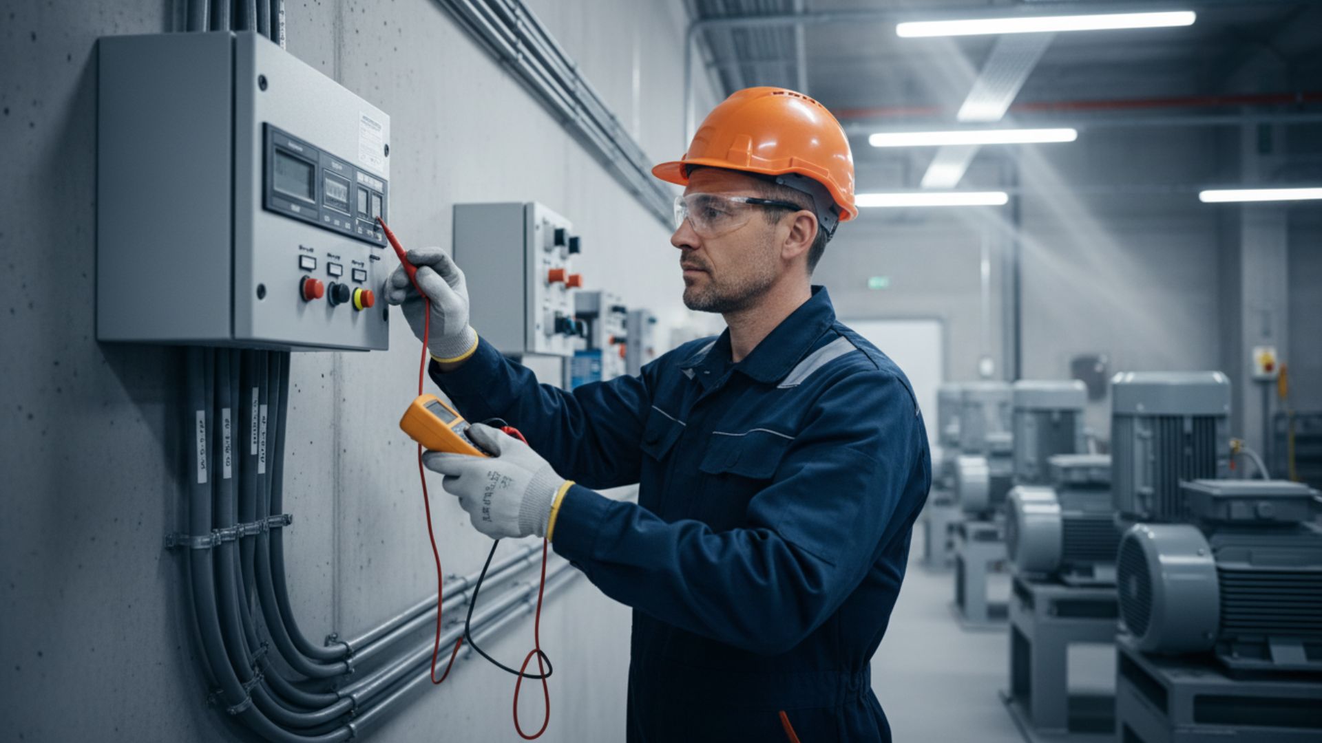 Técnico industrial midiendo instalación eléctrica con multímetro para verificar parámetros de seguridad en panel de control
