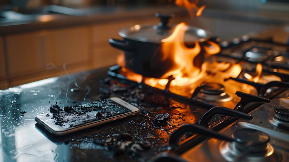 Incendio en cocina con olla en llamas y teléfono móvil quemado por descuido