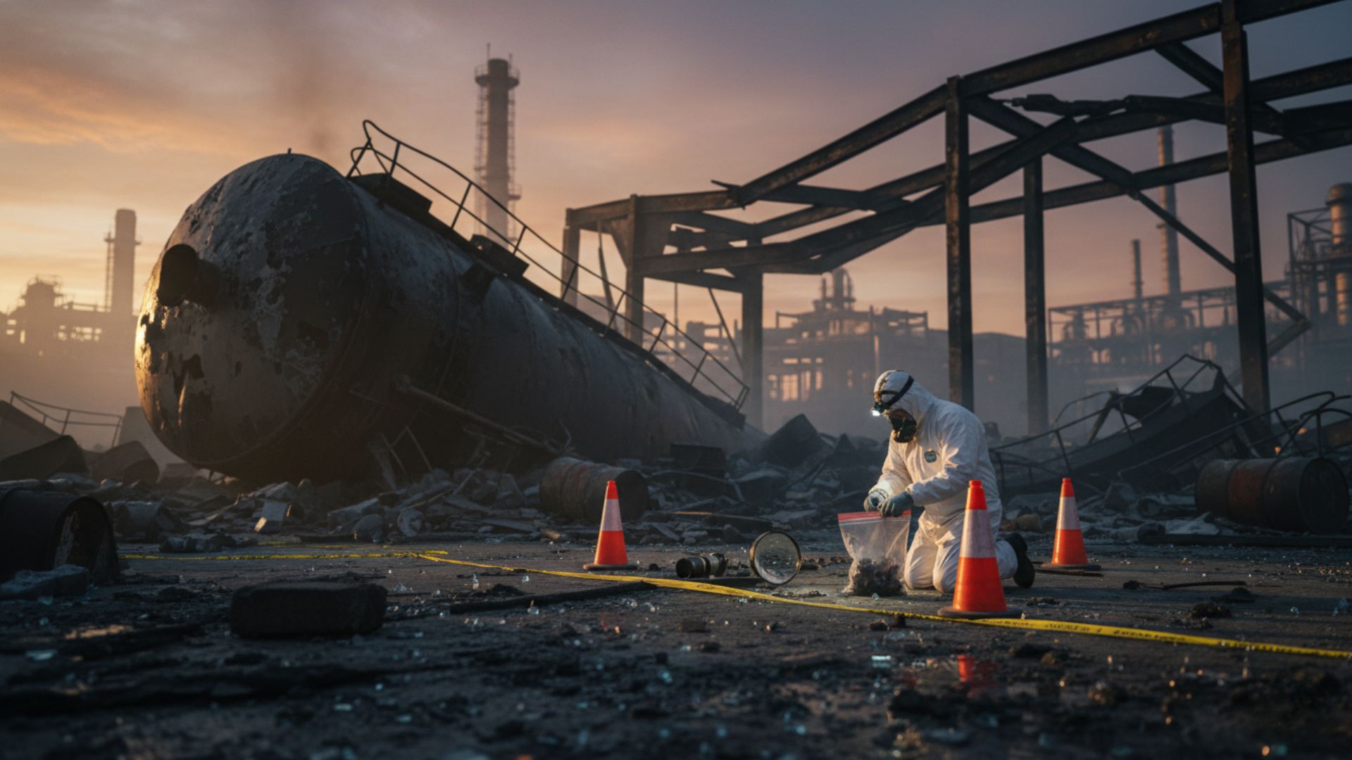 Investigador forense en traje de protección recogiendo muestras en una planta química incendiada con tanques destruidos al atardecer.