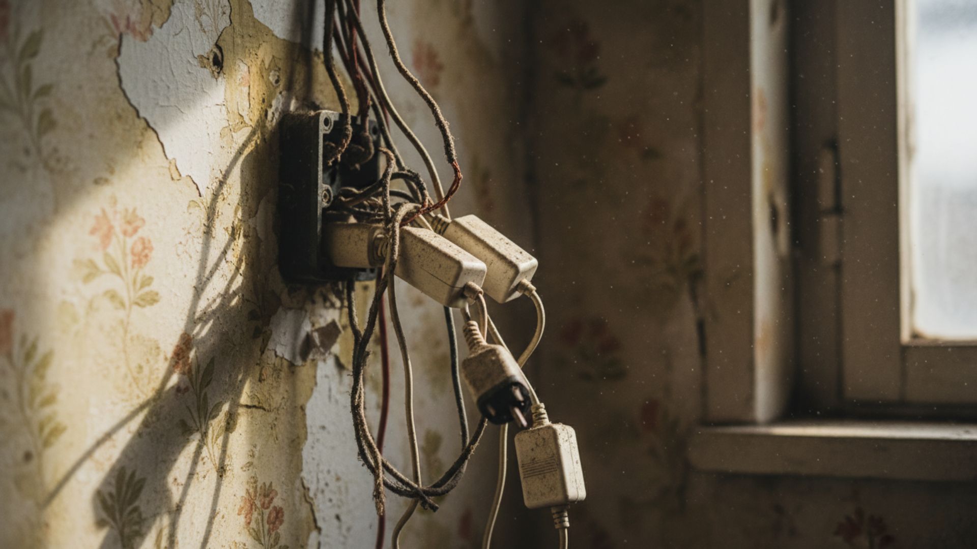  Instalación eléctrica doméstica defectuosa con múltiples enchufes y cableado inseguro en pared deteriorada
