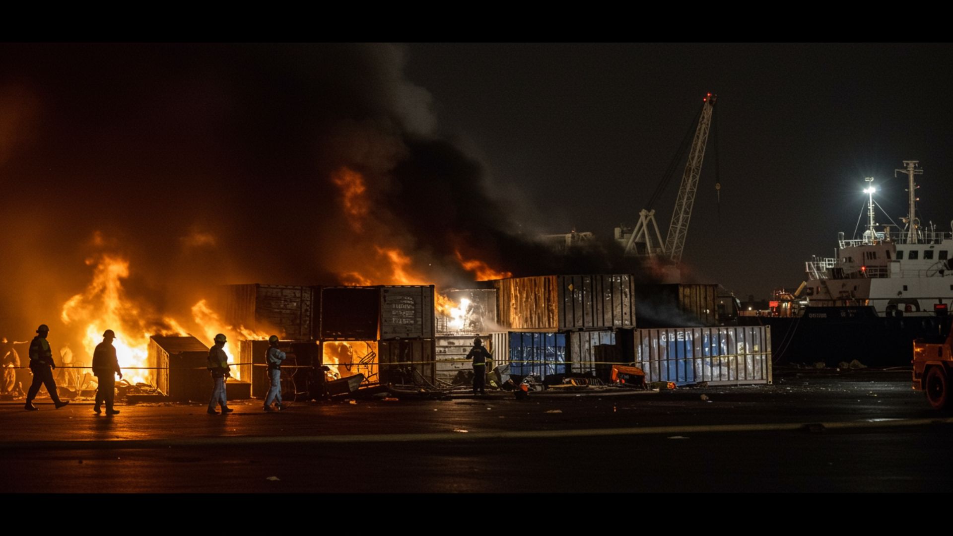 Incendio nocturno en contenedores apilados en zona portuaria con brigadas de extinción - Seguridad contra incendios en instalaciones portuarias