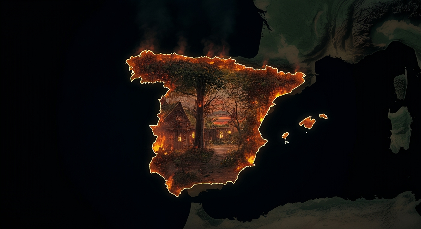 Mapa de España ardiendo. IA