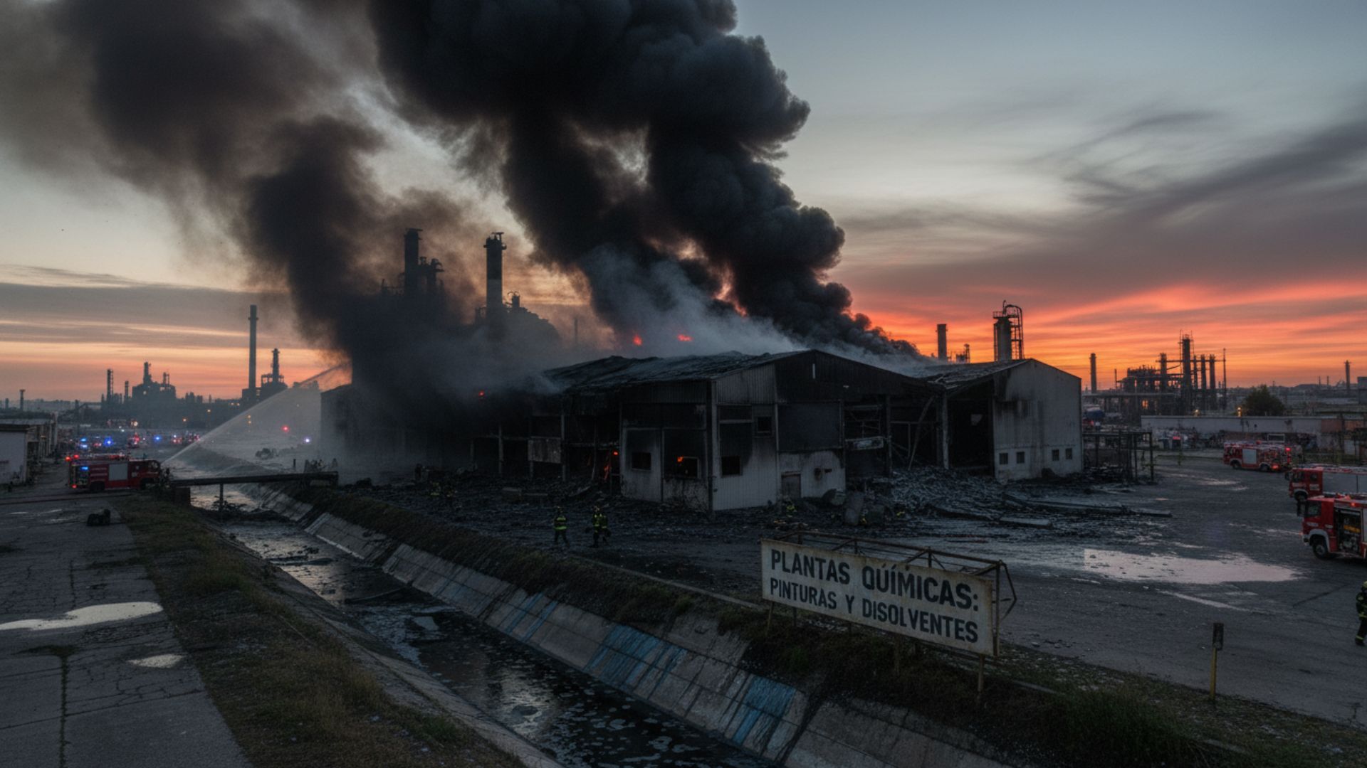 Vista aérea de una planta química industrial después de un incendio, revelando la extensión de la destrucción y los equipos de emergencia trabajando.