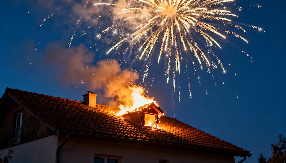 Incendio en vivienda causado por fuegos artificiales durante celebraciones navideñas con pirotecnia visible en el cielo
