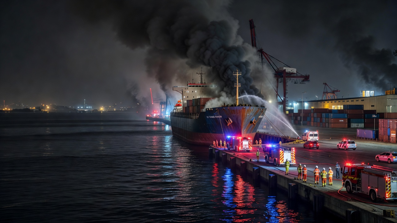 Incendio en un buque portacontenedores atracado de noche en el puerto, con bomberos en trabajos de extinción