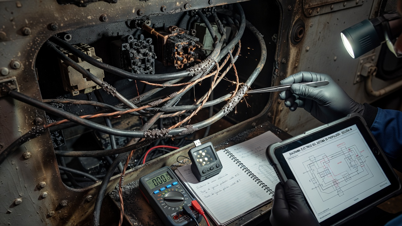 Investigador forense examinando cableado eléctrico quemado de un buque con pinzas y multímetro durante el análisis de la causa del incendio