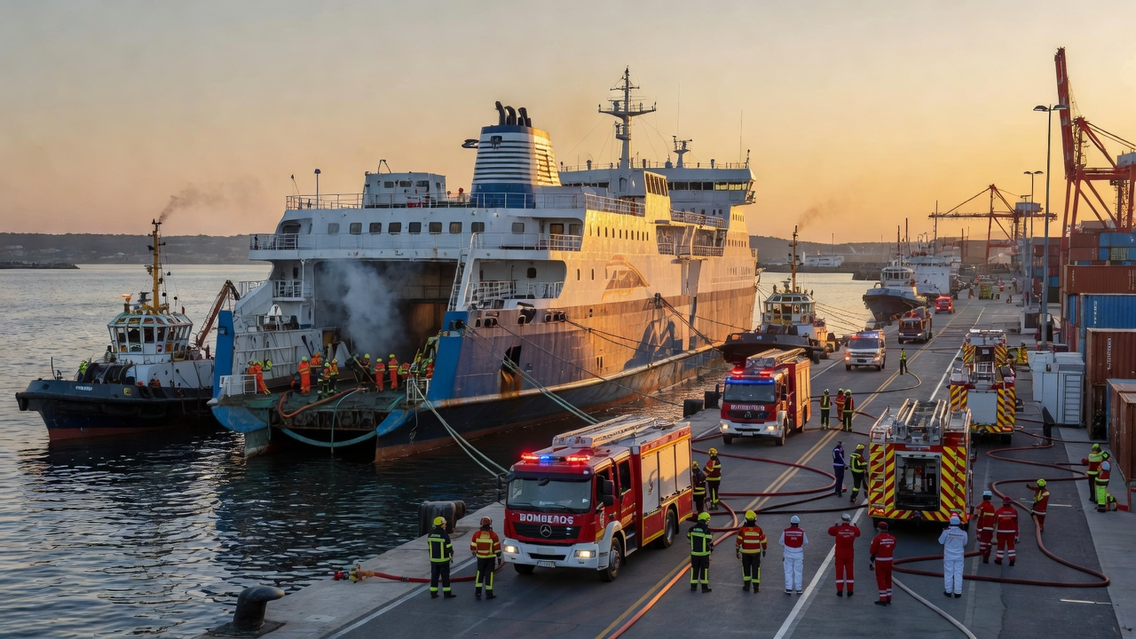 Incendio en un ferry atracado en el puerto asistido por bomberos y servicios de salvamento marítimo
